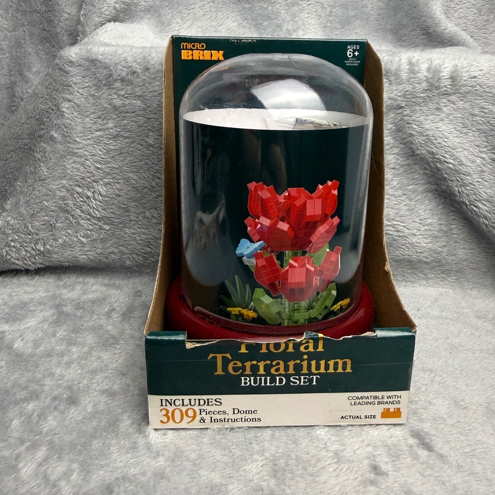Micro Brix Carnation Floral Terrarium Build Set 309 Pieces Red Flower Dome 6+